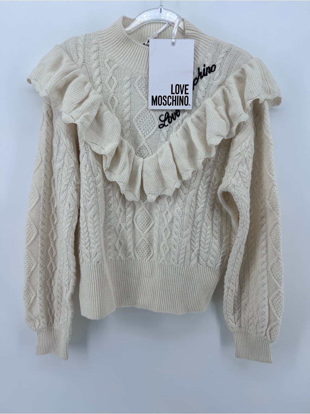 Love Moschino Cream Cable Knit Ruffle Sweater Sz 6 NWT Ivory Italy Designer